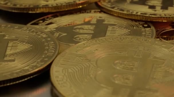 Crypto Currency Many Bitcoin Gold Coin Blockchain Technology Bitcoin Mining — Stock Video