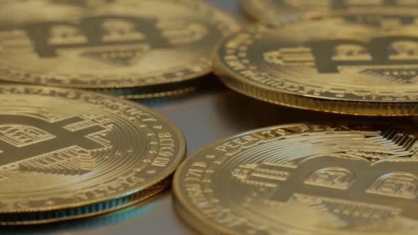 Mata Uang Crypto Banyak Bitcoin Koin Emas Teknologi Blockchain Pertambangan — Stok Video