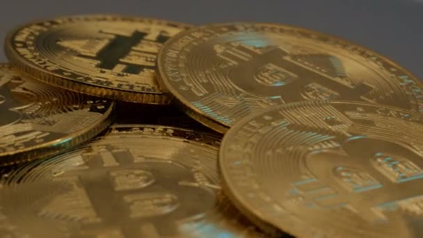 Crypto Currency Many Bitcoin Gold Coin Blockchain Technology Bitcoin Mining — Stock Video