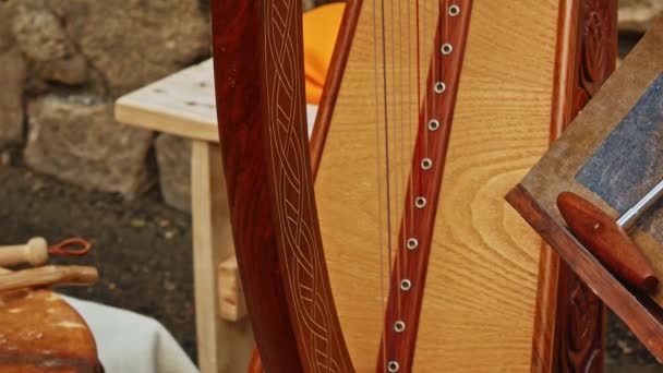 Reencenação Medieval Europeia Histórica Close Instrumento Musical Harp Exposto Durante — Vídeo de Stock