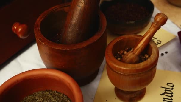 Medieval Reenactment Spice Counter Spice Merchant Mortar Pestle Different Ingredients — Stock Video