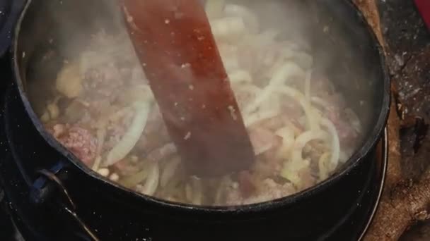 Reconstituição Histórica Medieval Colher Madeira Mistura Sopa Cebola Legumes Carne — Vídeo de Stock