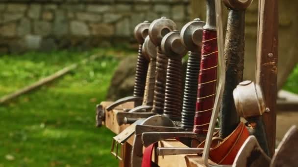 Medieval Reenactment Reproduction Real Medieval Steel Weapons Swords Axes Spears — Stock Video