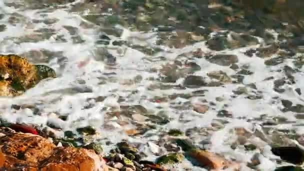 Záběr Mořský Břeh Oblázky Břehu Zatímco Vlny Havárie Břehu — Stock video