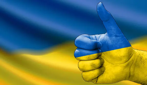 Hand Thumbs Approval Ukranian Flag Painted Image Ukranian Flag Background — Stock Photo, Image