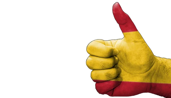 Ręka Kciukami Górze Aprobacie Hiszpańską Flagą Malowane Obraz Pustym Białym — Zdjęcie stockowe