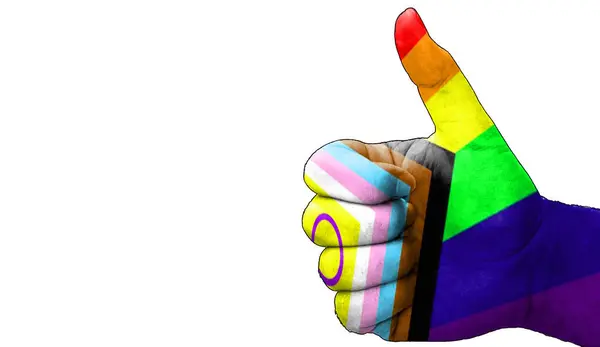 Mão Com Polegares Para Cima Aprovação Com Nova Bandeira Direitos — Fotografia de Stock