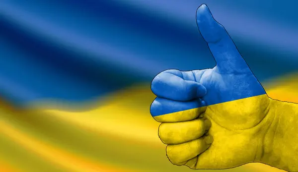 Hand Thumbs Approval Ukrainian Flag Painted Image Flag Background Area — Stock Photo, Image