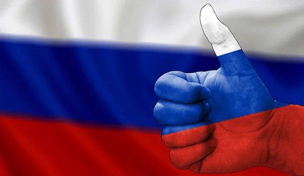 Hand Thumbs Approval Russian Flag Painted Image Flag Background Area — Stock Photo, Image