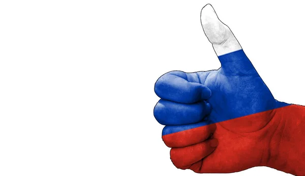 Hand Met Duimen Omhoog Goedkeuring Met Russische Vlag Geschilderd Afbeelding — Stockfoto