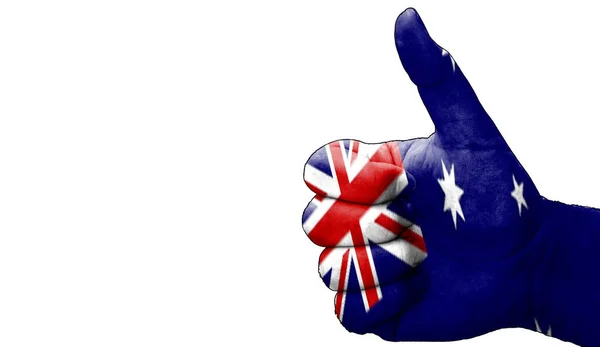 Ruka Palci Nahoru Souhlas Australskou Vlajkou Malované Obrázek Prázdným Bílým — Stock fotografie