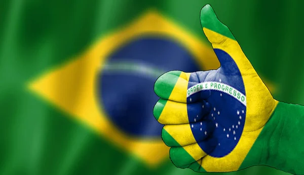 Ręka Kciukami Górze Aprobacie Brazylijskiej Flagi Malowane Obraz Obszarem Tła — Zdjęcie stockowe