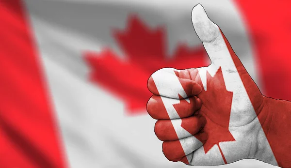 カナダ国旗の承認を得て親指で手を挙げる フォーカスからフラグバックエリアの画像 スペースエリアをコピー — ストック写真