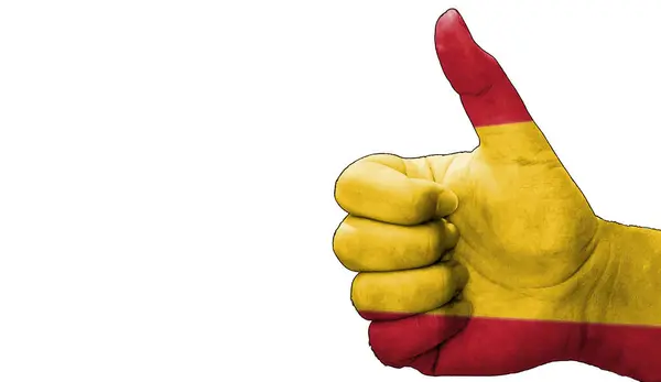 İspanyol bayrağıyla onaylanmış bir el. Boş beyaz arkaplan kopyalama alanı olan resim