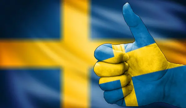 İsveç bayrağıyla onaylanmış bir el. Sallanan bayrak arkaplan alanı odak dışı, alanı kopyala