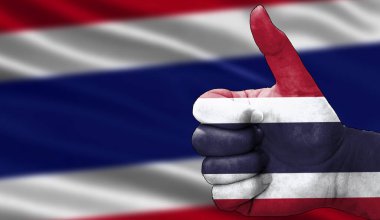 Tai bayrağıyla onaylanmış bir el. Bayrak arkaplan alanı bulanık olan resim, alanı kopyala