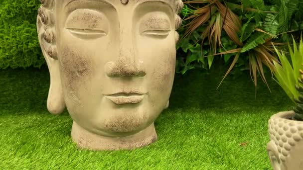 Close Tiro Zen Jardim Decorações Buddah Estátua Cabeças Gramado Grama — Vídeo de Stock