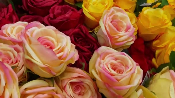 Primer Plano Tiro Rosas Falsas Una Tienda Varios Colores Flores — Vídeos de Stock