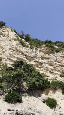 Sardinya İtalya 'nın Baunei Körfezi' nde kristal berrak turkuaz suyu bulunan panoramik kaya yüzeyi ve plajı olan dikey video. Sardunya yaz videosu, cennet manzaraları