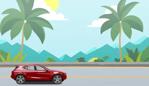 Arka planda tropikal bir manzara olan bir arabanın yatay web afişi. Kopya alanı olan yatay web pankartı. Tatil ve seyahat