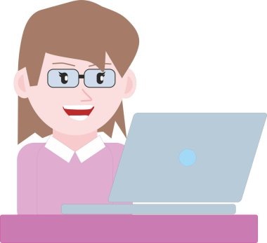 Dizüstü bilgisayarda çalışırken ya da çalışırken gözlüklü genç bir kadının resmi. Modern iş ve eğitim kavramı. Resimler beyaz arkaplanda izole edildi