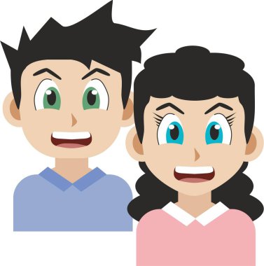 Kız arkadaş manzaralı gülümseyen yetişkin bir çocuğun Japon manga tarzı çizimi. Beyaz arkaplanda anime biçimi görüntüsü izole