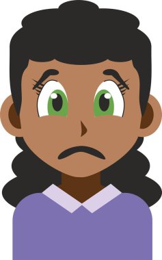 Üzgün bir yüzün Japon manga tarzı resmedilmiş hali. Afro-Amerikan genç bir kızın ön görünüşü. Beyaz arkaplanda anime biçimi görüntüsü izole