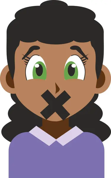 Japon animasyon stili grafikleri ve düz tasarımlı ve ağzı X ile mühürlenmiş genç bir Afro-Amerikan kadının çizimi. Sansür ve ifade özgürlüğü baskısı kavramı