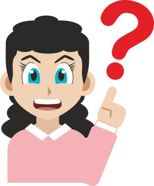 Beyaz arka planda izole edilmiş soru işareti gösteren bir kadının anime tarzı çizimi. Kuşkular ve fikirler hakkında kavram