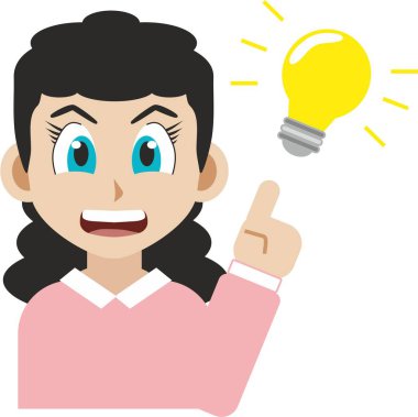 Beyaz arka planda izole edilmiş gülümseyen ve yaratıcı genç bir kadının manga tarzı çizimi. Fikir kavramı beyin fırtınası ve yaratıcılık