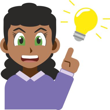 Beyaz arka planda izole edilmiş gülümseyen ve yaratıcı siyahi bir kadının manga tarzı çizimi. Fikir kavramı beyin fırtınası ve yaratıcılık