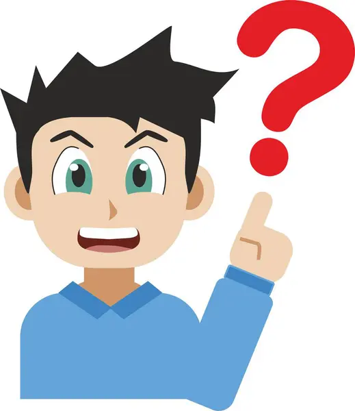 İşaret parmağıyla beyaz arka planda izole edilmiş bir soru işaretini gösteren genç bir adamın manga tarzı çizimi. Faq kavramını kabul et ve soru sor veya sorunlara çözüm bul