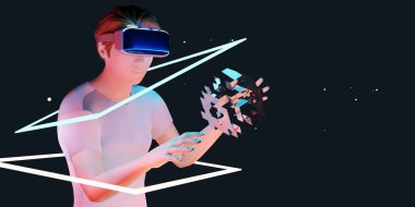 vr gözlüklü adam vr gözlük 3d görüntü aygıtı ile sanal gerçekliği deneyimliyor