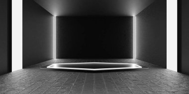 Podyum lazer ışığı neon ışıklı arka plan modern teknoloji platformu ürünleri 3D illüstrasyonları göstermek için