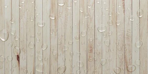 water droplets on planks rain water on wooden grain floor after rain background texture 3D illustration