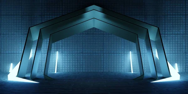 Technologie Achtergrond Neon Lichten Lasers Tonen Ruimte Moderne Showroom Illustratie — Stockfoto