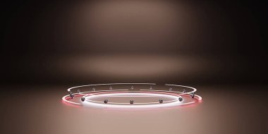 Dairesel podyum lazer ışığı ve dairesel neon ışığı modern teknoloji fon ve duvarlar 3 boyutlu illüstrasyon