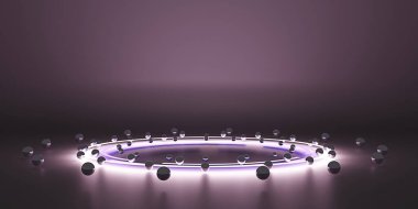 Dairesel podyum lazer ışığı ve dairesel neon ışığı modern teknoloji fon ve duvarlar 3 boyutlu illüstrasyon