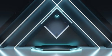 Teknoloji podyumu bilimi fi neon ve lazer ışığı arkaplan modern sahne 3D illüstrasyon