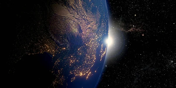 宇宙飞船上的地球背景视图和太阳3D图像反射的光 — 图库照片