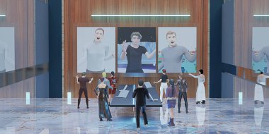 Ofiste ve sınıfta Metaverse avatarları ile çevrimiçi toplantı Metaverse insanlar 3d illüstrasyon