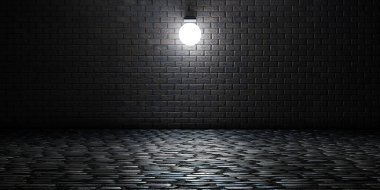 Tuğla duvar arkaplanı ve tuğla zemin boş sahne ve gece 3 boyutlu illüstrasyon