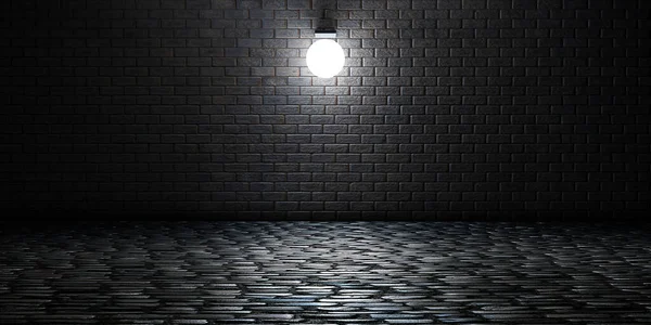 Brick wall background and brick floor Empty scene with lights at night 3D illustration