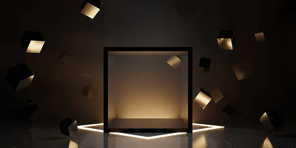 Ray Reflectie Achtergrond Kubus Moderne Showroom Lege Scène Neon Licht — Stockfoto