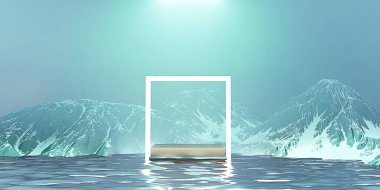 Dağ ve deniz podyumu arka planı Kozmetik standı ve neon ışıklı çubuk su yüzeyi ve dağ zirvesi karlı dağ zirveleri 3 boyutlu illüstrasyon