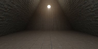 Tuğla duvar ve tuğla zemin arkaplan boş sahne gece koridoru ışıkları ve neon ışıklar üç boyutlu illüstrasyon