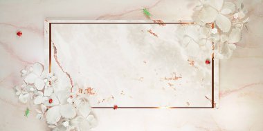 Mermer arkaplan Yaprak çerçeve Vintage tarzı mermer levha yeşil yapraklarla kaplı Çilek ağacı ve uğur böceği 3D illüstrasyon