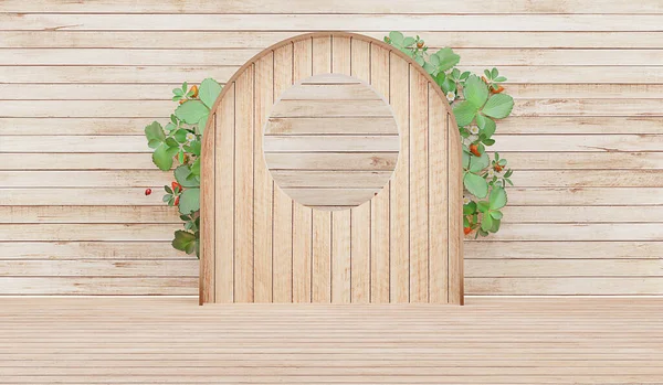 Wooden floor wooden wall background empty scene room and wall plant 3D illustration