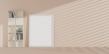 Empty picture frame in room interior in pastel colors Soft scene. Frame mockup in room and shelves with decorations 3d illustration