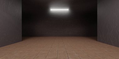 Tuğla duvar ve tuğla zemin arkaplan boş sahne gece koridoru ışıkları ve neon ışıklar üç boyutlu illüstrasyon